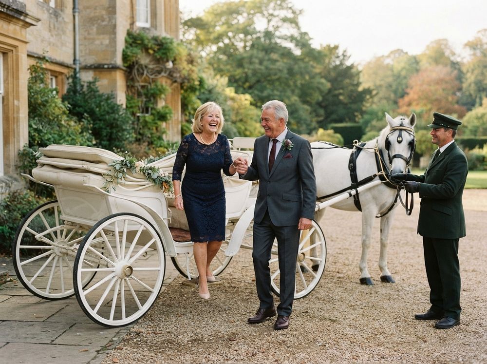 An anniversary couple stepping down from a white carriage