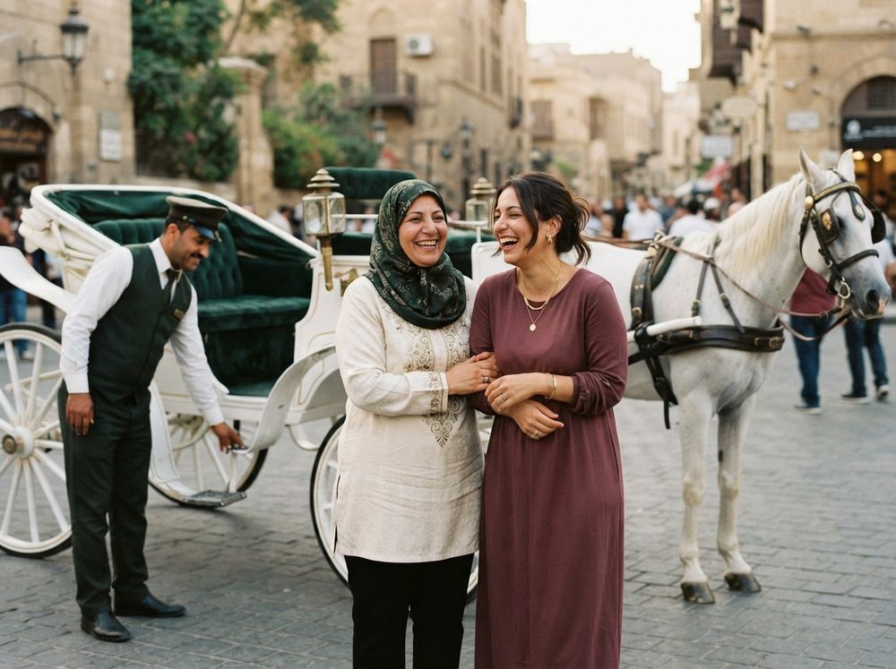 A mother and daughter beside a carriage on a cobblestone street