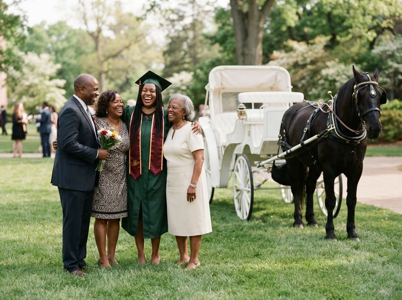 A graduate and her family beside a carriage