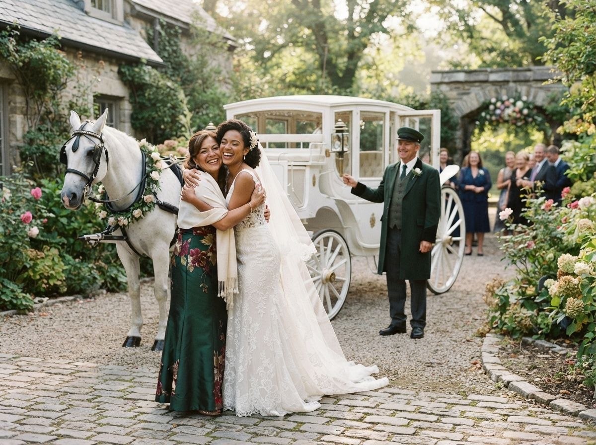 A bride arriving with family beside a white carriage and horse