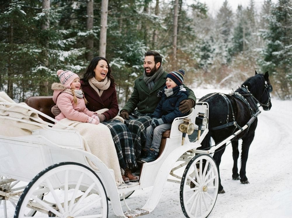 A family bundled in blankets on a snowy carriage ride